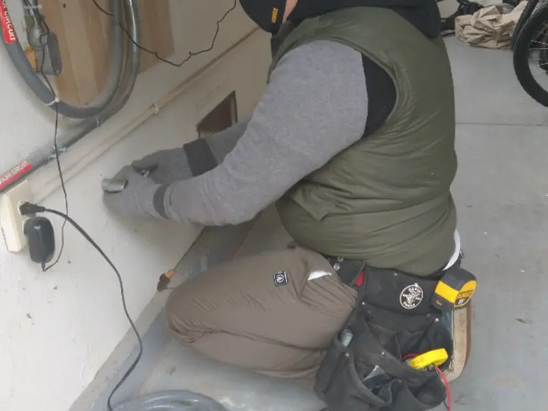 Electrician performing outlet wiring in a Corning garage